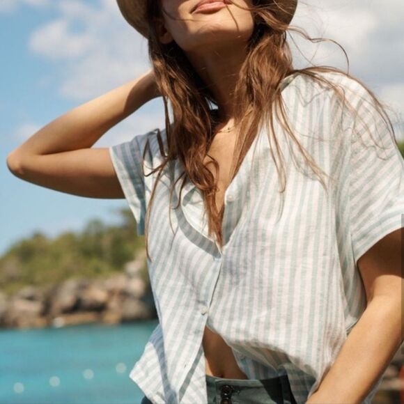 Madewell Central Button Down Boxy Top Shirt Size Medium Striped Mint White - Picture 8 of 8